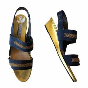 Mario Bologna Wedge Sandal Navy Gold 10AA Vintage